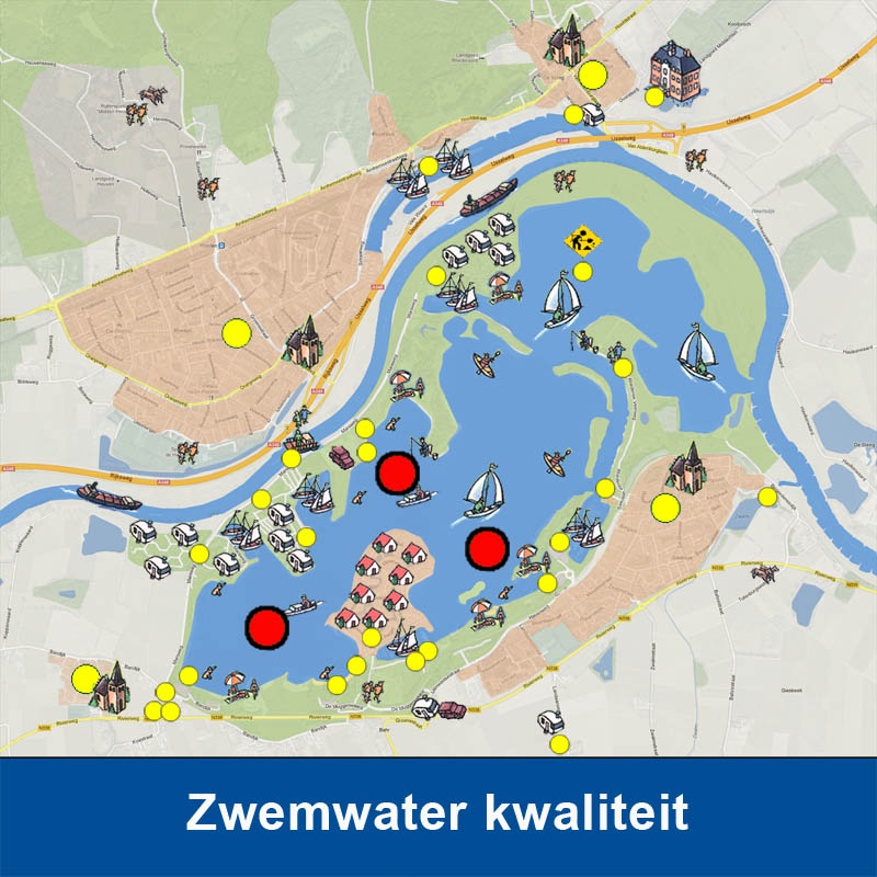 Het zwemwater van het Rhederlaag wordt in het zomerseizoen iedere twee weken gecontroleerd door Rijkswaterstaat op kwaliteit en helderheid. KLIK OP DE AFBEELDING voor meer informatie over het Milieu Klachten en Informatie Centrum (MKIC).